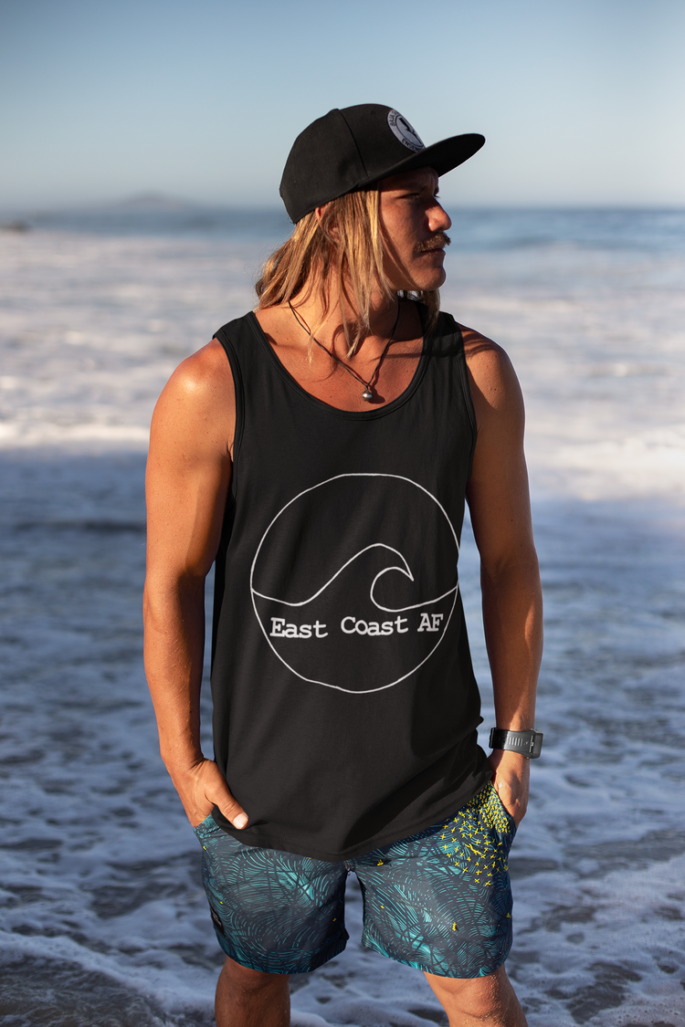 Man in East Coast AF Tank Top at the beach