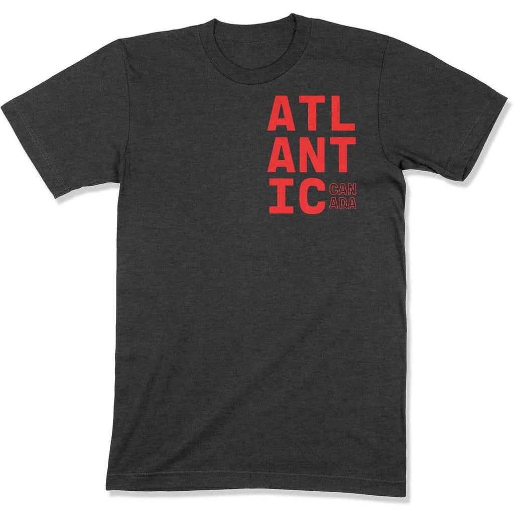 Atlantic Canada Unisex T-Shirt in Color: Dark Grey Heather w/ Red Text - East Coast AF Apparel